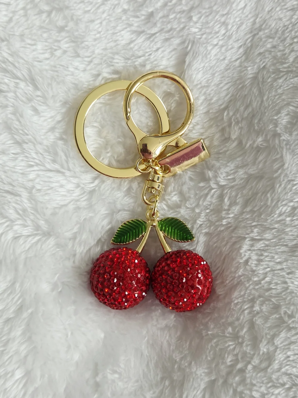 Red Cherry Rhinestone Keychain with Gold Hardware Bling Bag Charm